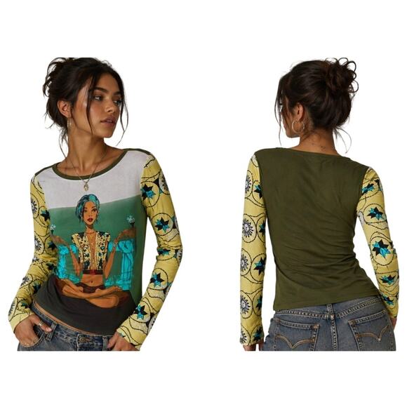 Custo Barcelona Tops - Custo Barcelona Y2K Graphic Art Top Blue Tower Spain Fitted Vintage Indie Sleaze